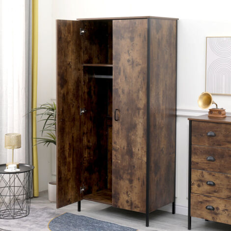 FURNITURE HMD 4 Pieces Bedroom Furniture Sets 2 Door Wardrobe,4 Drawer Chest and Bedside Table X 2,Wooden and Metal