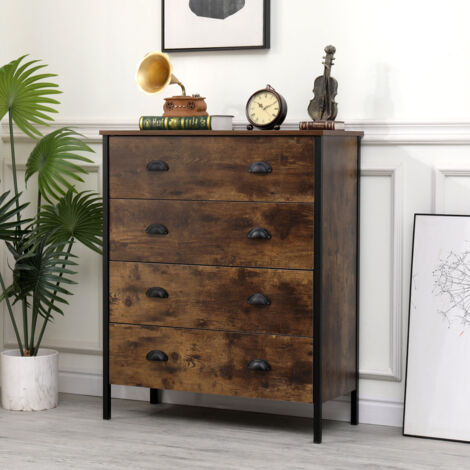 FURNITURE HMD 4 Pieces Bedroom Furniture Sets 2 Door Wardrobe,4 Drawer Chest and Bedside Table X 2,Wooden and Metal
