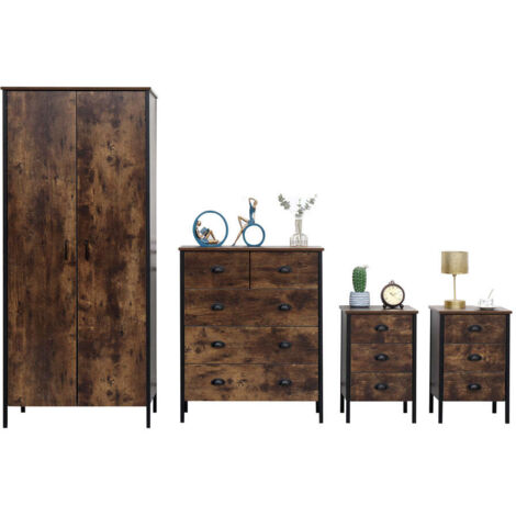 FURNITURE HMD 4 Pieces Bedroom Furniture Sets 2 Door Wardrobe,2+3 Drawer Chest and Bedside Table X 2,Wooden and Metal (1/3)