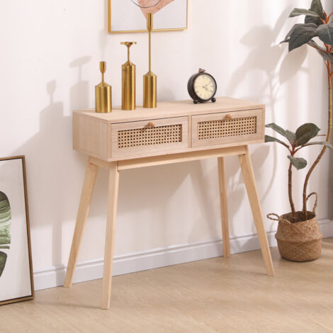 FURNITURE HMD Rattan Console Table with 2 Drawers Wooden Hall Desk for Living Room,Natural