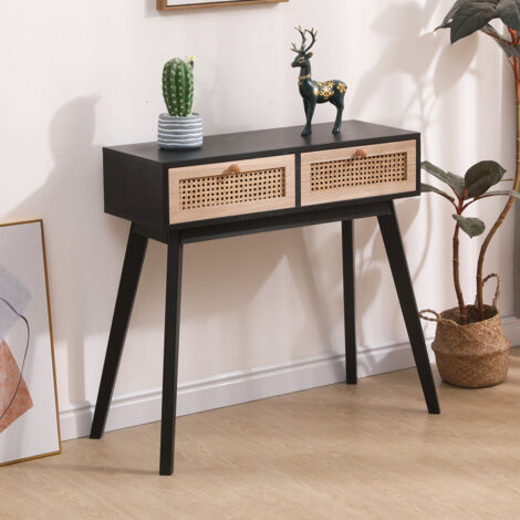 FURNITURE HMD Rattan Console Table with 2 Drawers Wooden Hall Desk for Living Room,,Natural and Black