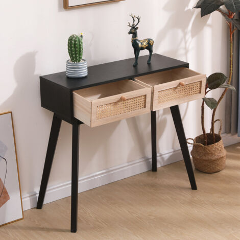 FURNITURE HMD Rattan Console Table with 2 Drawers Wooden Hall Desk for Living Room,,Natural and Black