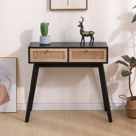 FURNITURE HMD Rattan Console Table with 2 Drawers Wooden Hall Desk for Living Room,,Natural and Black