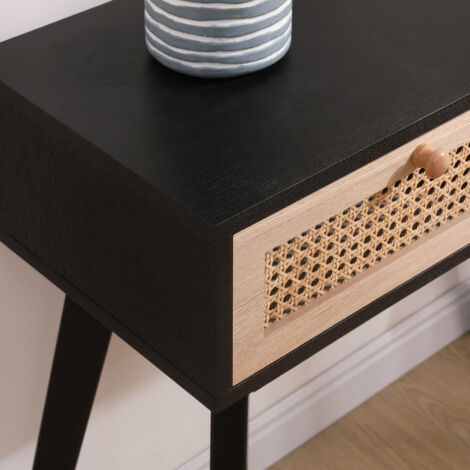 FURNITURE HMD Rattan Console Table with 2 Drawers Wooden Hall Desk for Living Room,,Natural and Black