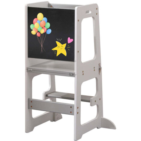 FURNITURE HMD Baby Step Stool Toddler Learning Tower with Chalkboard Nursery Standing Kitchen Helper for Sink and Counter,White and Grey
