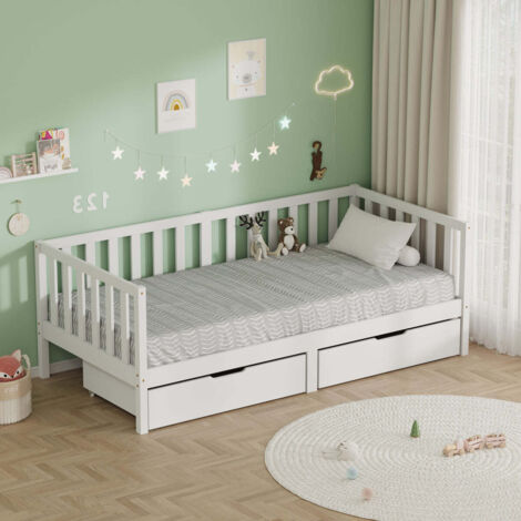 FURNITURE HMD Children’s Bed Single Bed Frame with Guardrails and 2 Storage Drawers,Solid Pine Wood White Toddler Bed for Boys Girls,90cm x 190cm
