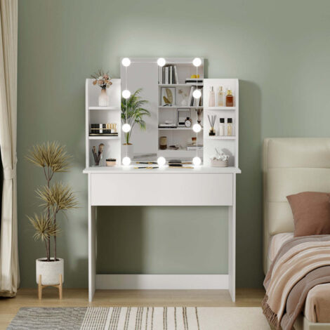 FURNITURE HMD White LED Dressing Table with Mirror, 3 Color Modes, 1 Drawer & 4 Shelves  Modern Vanity Desk with Bulb Lights for Bedroom  Space-Saving Flat-Pack Design (85x40x140cm)