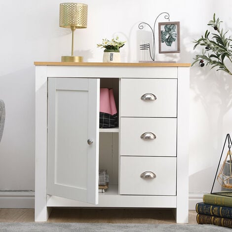 FURNITURE HMD Multi Storage Cabinet Free Standing  Unit 1 Door 3 Drawer Sideboard Cupboard- White+Oak,79x35x81cm(WxDxH)