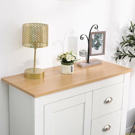 FURNITURE HMD Multi Storage Cabinet Free Standing  Unit 1 Door 3 Drawer Sideboard Cupboard- White+Oak,79x35x81cm(WxDxH)