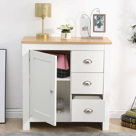 FURNITURE HMD Multi Storage Cabinet Free Standing  Unit 1 Door 3 Drawer Sideboard Cupboard- White+Oak,79x35x81cm(WxDxH)