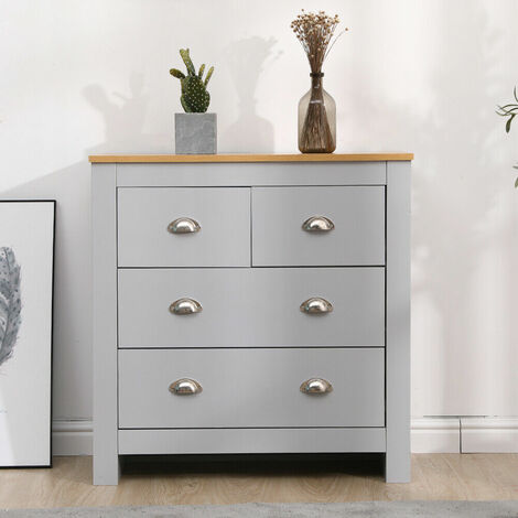 FURNITURE HMD Multi Wooden Storage Cabinet Drawer Chests,2+2 Drawers Sideboard Multi-Storage Unit,Grey+Oak,79x35x81cm(WxDxH) (1/4)