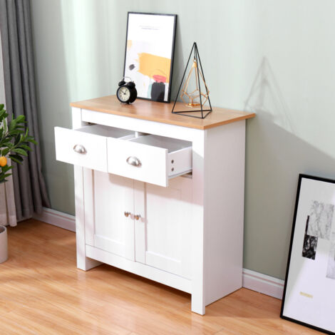 FURNITURE HMD Wooden 2 Drawers 2 Doors Cabinet Chest of Drawers Storage Unit Sideboard,White+Oak,79x35x81cm(WxDxH)