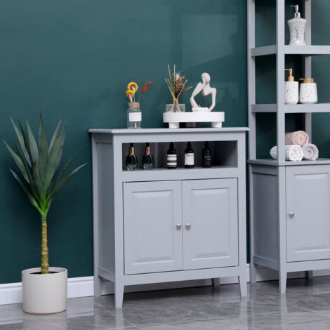 FURNITURE HMD MDF 2 Doors Bathroom Storage Unit Standing Cabinet Freestanding Cupboard with Open Shelf