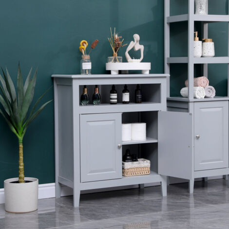 FURNITURE HMD MDF 2 Doors Bathroom Storage Unit Standing Cabinet Freestanding Cupboard with Open Shelf
