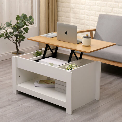 FURNITURE HMD Wooden Lift up Top Coffee Table with 3 Hidden Storage Compartment and Bottom Storage Shelf for Living Room,White,85x50x45cm(WxDxH)