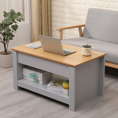 FURNITURE HMD Wooden Lift up Top Coffee Table with 3 Hidden Storage Compartment and Bottom Storage Shelf for Living Room,Grey,85x50x45cm(WxDxH)