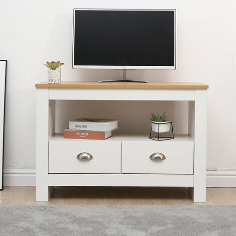 FURNITURE HMD Corner TV Stand Cabinet TV Unit with 2  Drawers,White-85x39x58cm(WxDxH)