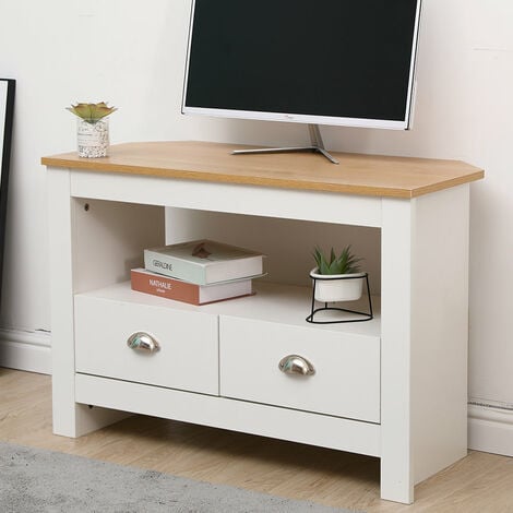 FURNITURE HMD Corner TV Stand Cabinet TV Unit with 2  Drawers,White-85x39x58cm(WxDxH)