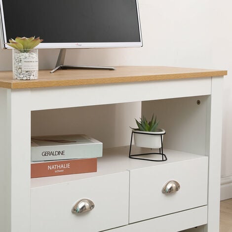 FURNITURE HMD Corner TV Stand Cabinet TV Unit with 2  Drawers,White-85x39x58cm(WxDxH)