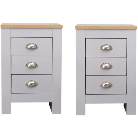 FURNITURE HMD 3 Drawers Bedside Table Set of 2,Grey Nightstand