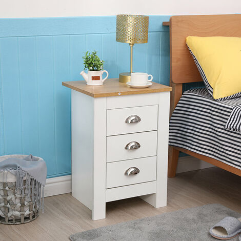 FURNITURE HMD White 3 Drawers Bedside Table Nightstand