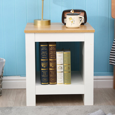 FURNITURE HMD Side Table Lamp Table Console Table,White+Oak,45x45x50cm(WxDxH)