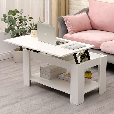 FURNITURE HMD Lift Up Top Coffee Table with Storage and Shelf,White-85x50x45cm(WxDxH)