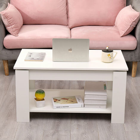 FURNITURE HMD Lift Up Top Coffee Table with Storage and Shelf,White-85x50x45cm(WxDxH)