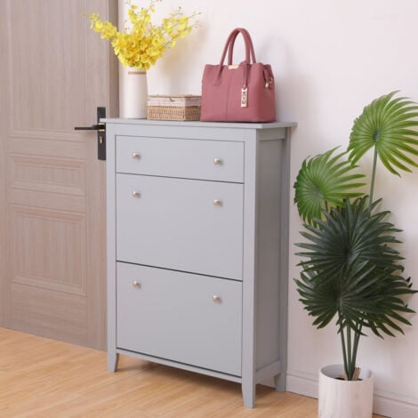 FURNITURE HMD Wooden Grey MDF 1 Drawer and 2 Pull Drawers Cabinet Shoes Storage Unit Halway Table Footwear Stand,80x25x108cm(WxDxH)
