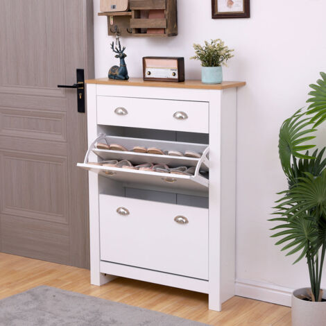 FURNITURE HMD Wooden White+Oak Shoes Storage Cabinet Footwear Stand Cupboard Hallway Unit 1+2 Drawers,78x25x108cm(WxDxH)