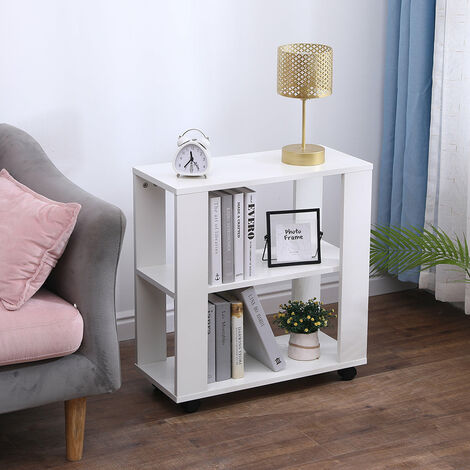 FURNITURE HMD Wooden Side Table with Wheels Small End Table with 2 Tiers Shelf,Storage Unit,Livng Room Table,White,60x27x58cm(WxDxH)