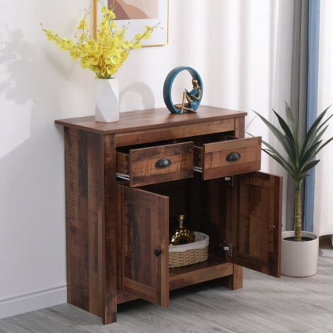 FURNITURE HMD Wooden 2 Drawers 2 Doors Cabinet Chest of Drawers Storage Unit Sideboard,79x35x81cm(WxDxH)