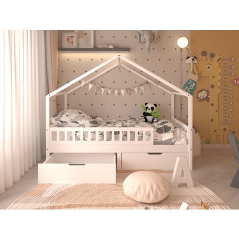 FURNITURE HMD White Single Solid Pine Bed Frame with 2 Big Drawers,Mattress(WITHOUT):90x190cm