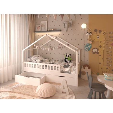 FURNITURE HMD White Single Solid Pine Bed Frame with 2 Big Drawers,Mattress(WITHOUT):90x190cm