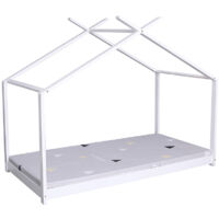 FURNITURE HMD White Single Solid Pine Bed Frame with House Top Design,Mattress(WITHOUT):90x190cm