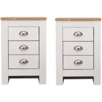 FURNITURE HMD 3 Drawers Bedside Tables White Side Table x 2 PCS