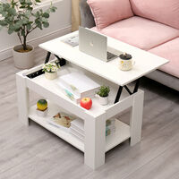 FURNITURE HMD Lift Up Top Coffee Table with Storage and Shelf,White-85x50x45cm(WxDxH)