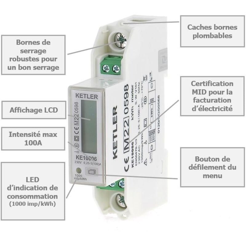 Compteur d'energie électrique, 3P In 100A KDEM-3P LCD - Kanlux