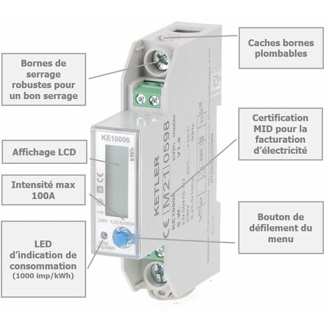 Consommation d'énergie Ketler Compteur pour refacturer l'électricité -  Monophasé - 100A - Affichage LCD