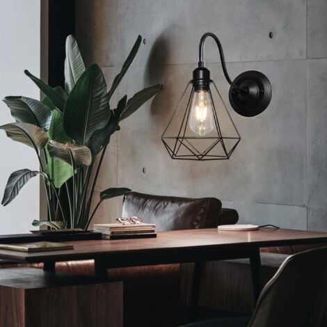 Applique Murale Interieur 2PCS Lampe Murale Industrielle Luminaire Abat-jour Cage Diamant Metal Noir