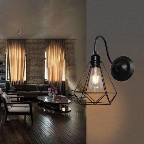 Applique Murale Interieur 2PCS Lampe Murale Industrielle Luminaire Abat-jour Cage Diamant Metal Noir