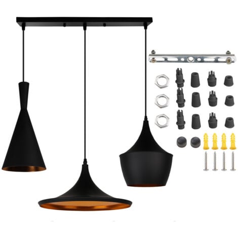 Lustre Suspension Design Industriel Géométrique Luminaire Suspension Abat-Jour en Métal Plafonnier Moderne 3 Lumières pour Cuisine Salon Chambre Noir&Doré