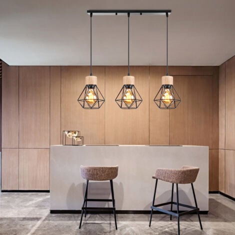 3 Lumières Lustre Suspension en Métal et Bois Lampe de Plafond en Forme Diamant Plafonnier Industrielle Rétro E27 pour Salle à Manger Chambre Salon Noir