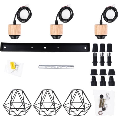 3 Lumières Lustre Suspension en Métal et Bois Lampe de Plafond en Forme Diamant Plafonnier Industrielle Rétro E27 pour Salle à Manger Chambre Salon Noir