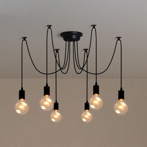 Lustre Araignée E27 Douille Rétro Suspension DIY Luminaire Noir, Ajustable Longueur avec 2M Fil, 6 Bras