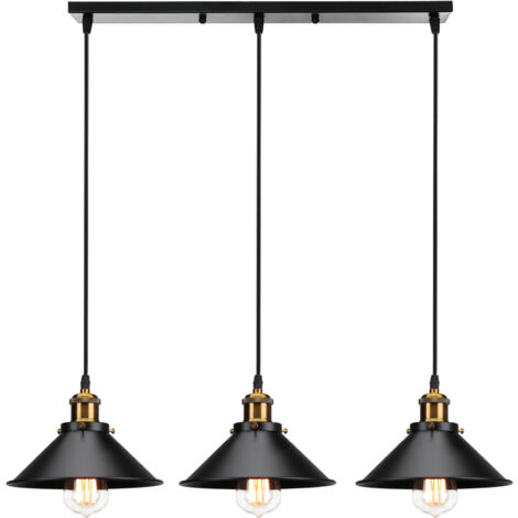 Axhup – Lustre suspension industrielle E27 3 têtes noir – Dimensions abat-jour 22x16,5 cm – Câble réglable 100 cm – Compatible LED et halogènes
