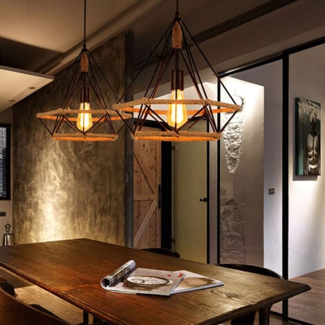 2x Lustre Suspension Industrielle E27 40W Ø25cm Cage Diamant Forme Style Vintage Retro Luminaire Noir