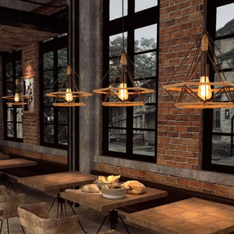 2x Lustre Suspension Industrielle E27 40W Ø25cm Cage Diamant Forme Style Vintage Retro Luminaire Noir