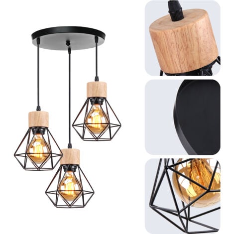 Rétro Lustre Suspension Cage Diamant Fer Luminaire 3 Lumières Design en Bois Noir