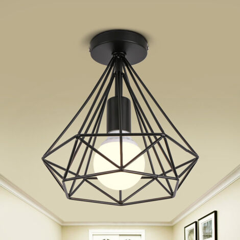 Lot de 2 Plafonnier industriel Métal forme diamant 25cm lustre abat-jour E27 luminaire pour Salon Cuisine Chambre Entrée Noir